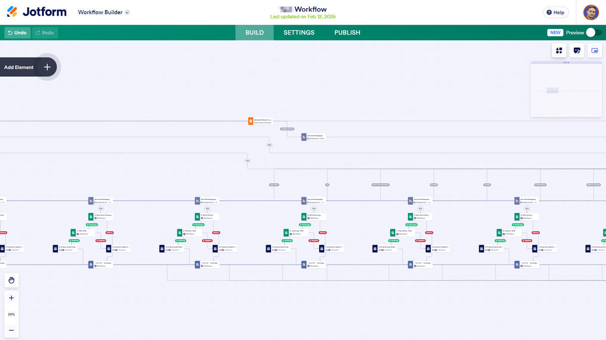 Jotform Workflow Builder showing a large branching approval workflow with approve and reject paths and conditional notifications