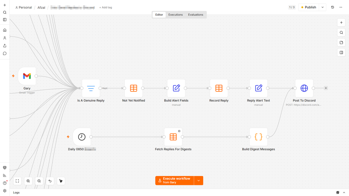 n8n workflow with many Gmail inboxes feeding one reply classifier that builds alert fields and posts to Discord, plus a scheduled daily digest branch
