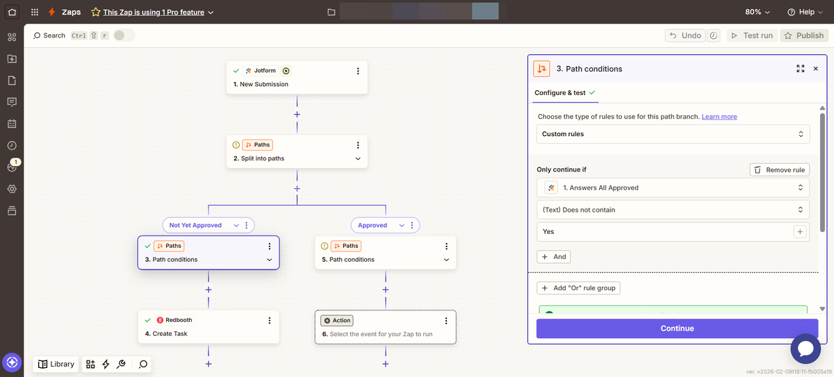 Zapier editor showing a Jotform submission splitting into approved and not-yet-approved paths with configured path conditions and a task-creation action