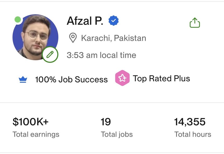 Screenshot of Afzal's live Upwork profile: Top Rated Plus, 100% Job Success, $100K+ total earnings, 19 jobs, 14,355 hours